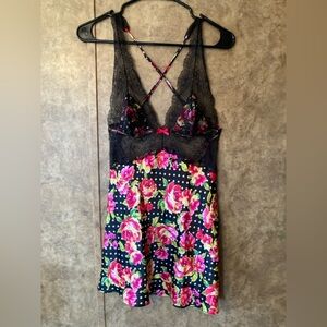 Y2K Victoria’s Secret Black Lace Hot Pink Floral Babydoll Satin Dress Lingerie M